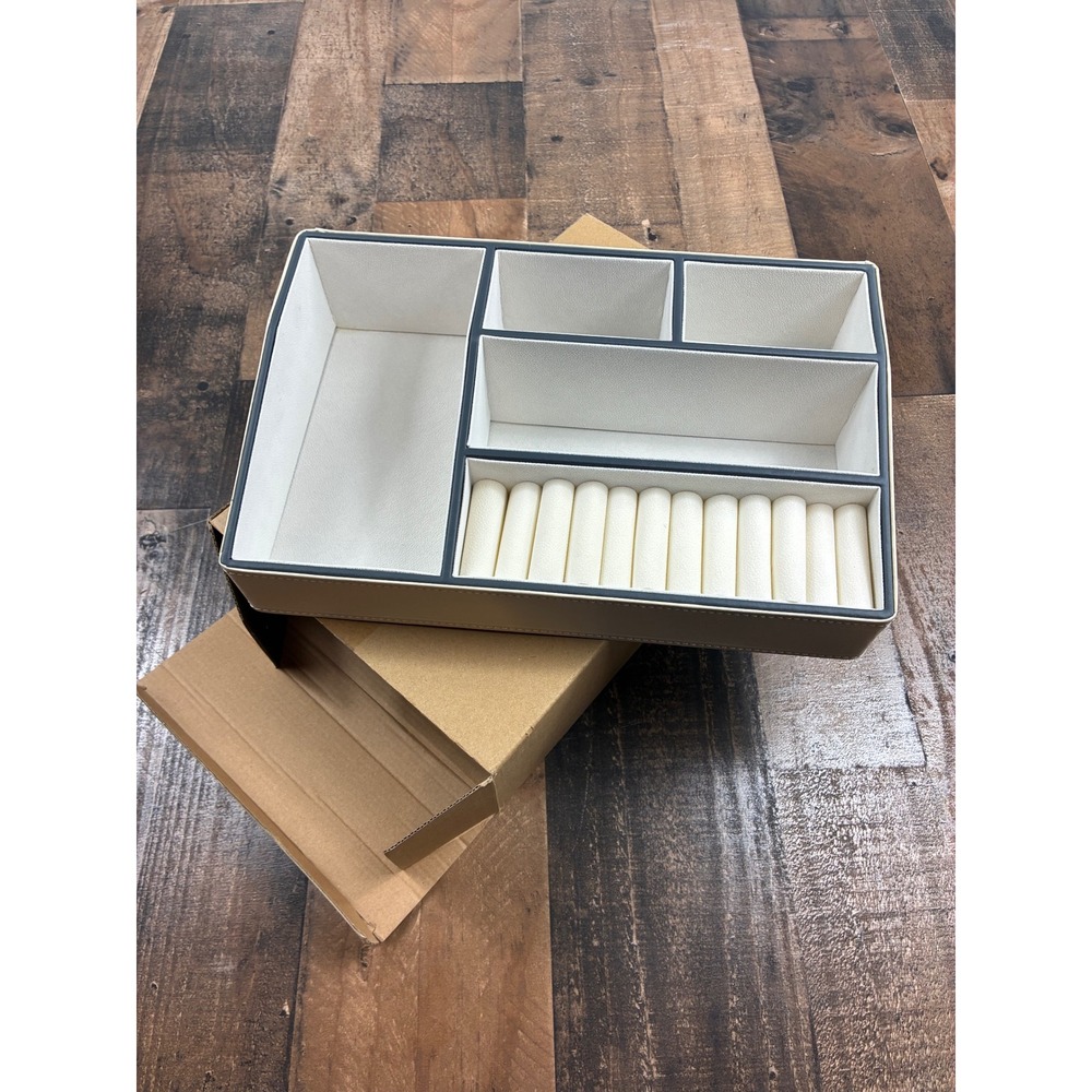 Faux Leather Jewelry Organizer Tray‎ Ring Roll Compartment Valet Tan Beige Cream